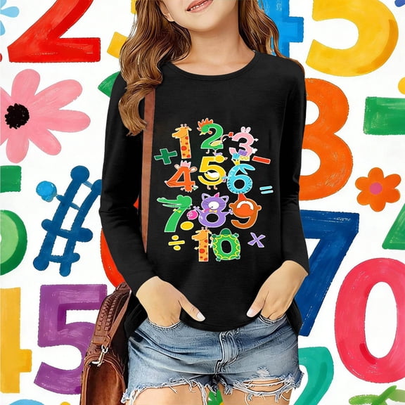 Girls' Tops Kids Unisex Number Print Long Sleeve Pullover Sweater Casual Girls Clothes Black 3-4 Years