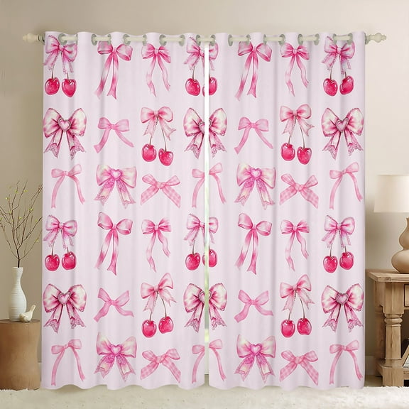 Pink Cherry Bow 30%-50% Blackout Curtains Cute Silk Ribbon Bowknot Curtains 2 Panels (38Wx54L),Princess Bow Tie Curtains And Drapes Dreamy Kawaii Window Curtains