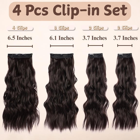 WEIF-4Pcs clip in hair extensions, Dark Brown Long Wavy Synthetic hair extensions, Clip in Extensions 22 Inch for Women, Dark Brown