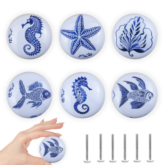 Jamjam Coastal Beach Cabinet Themed Nautical Kids Drawer Knobs, 1.5 Diameter Round Ceramic Blue with Screws 6 Piece