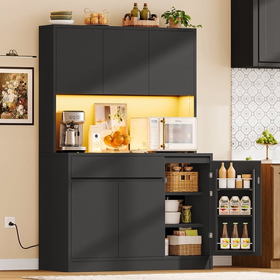 TEENFON Kitchen Pantry Cabinets with Charge Stations and LED Lights, Freestanding Hutch Cabinet with Microwave Stand, For Dining Room, Black