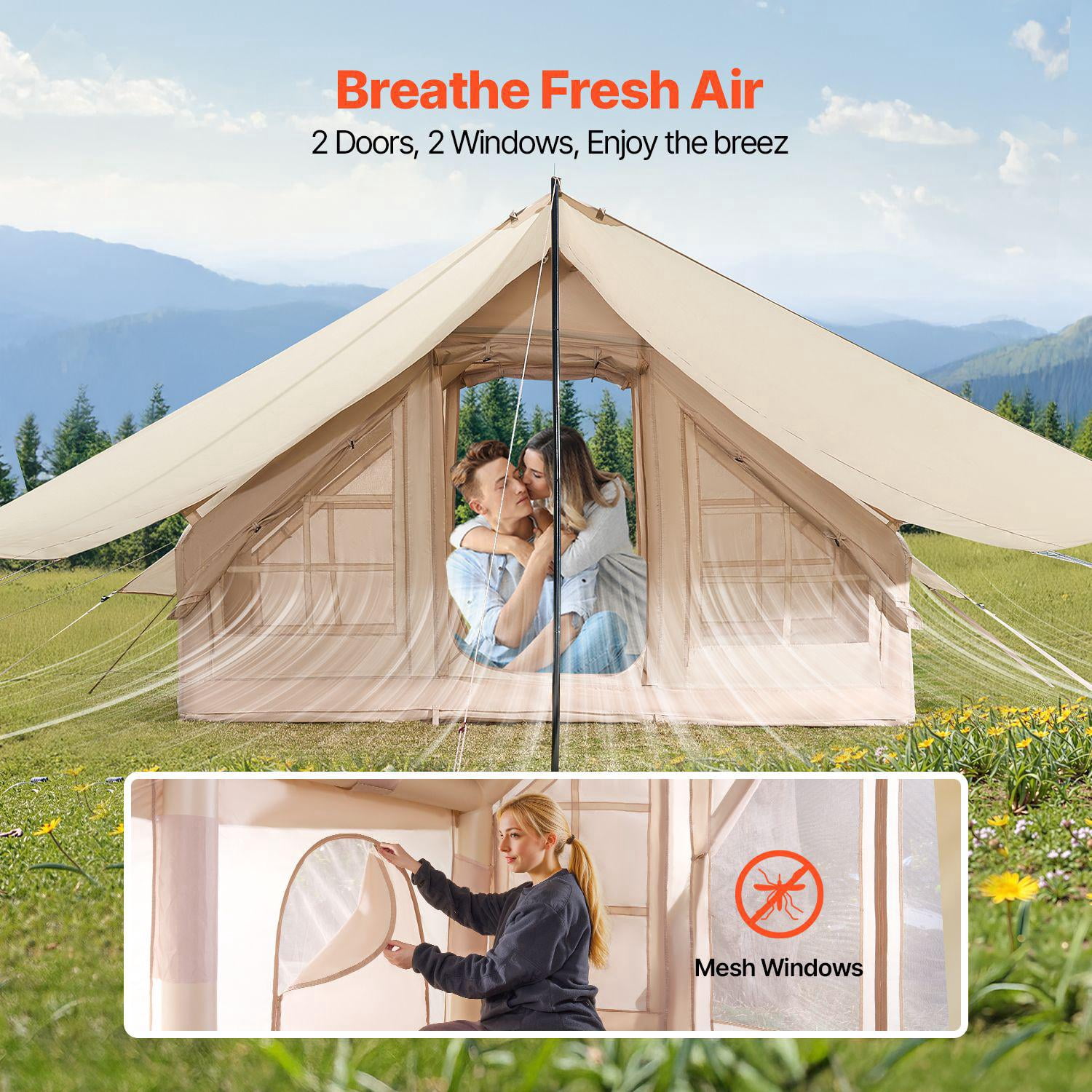 Inflatable 3-5 Person 4 Season Camping Tent Easy Setup with Hand Pump 300D Oxford Canopy Stove Jack 2 Doors 2 Mesh Windows Includes Storage Bag