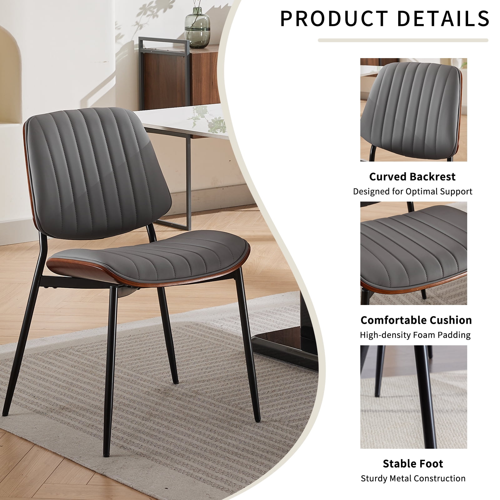 Mid Century Modern Dining Chairs Set of 4, Grey Kitchen & Dining Room Chairs Set of 4, Upholstered PU Leather Kitchen Chairs for Dining Table, Sillas de Comedor, Metal Leg, Walnut Back (Grey, 4 Pcs)
