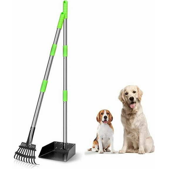 Pooper Scooper with Adjustable Stainless Steel Handle – Dog Waste Cleanup Tray & Rake Set for Large, Medium, Small Dogs – Durable & Easy-to-Use Yard Cleanup Tool