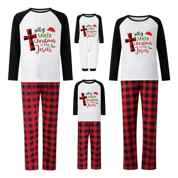 Christmas Family Pajamas Matching Set Letter Print Long Sleeve Tops and Elastic Plaid Pants Loungewear Soft Sleepwear