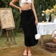 thumbnail image 4 of Falda vaquera Prolriy para mujer, estilo europeo y americano, informal, moderna, de cintura alta, fina, de corte acampanado, color negro, talla XS, 4 of 5