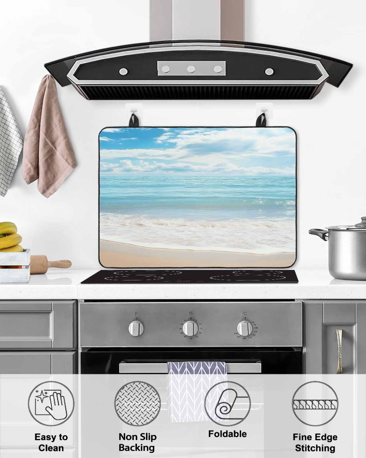 nqOlkjepod Large Induction Cooktop Protector Mat 24"x21", Summer Beach Stove Top Covers for Electric Stove, Ocean Waves Coastal Blue Decorative Stove Burner Cover Mats, Glass Top Stove Cover