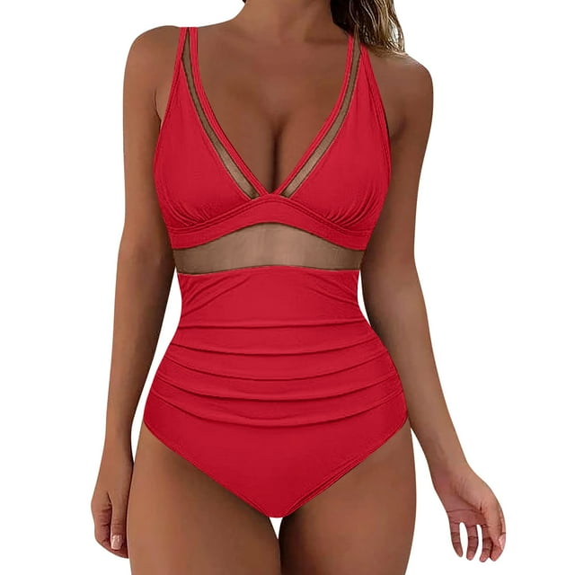 Aayomet Maillots de Bain pour Femmes Maillot de Bain Contrôle Push Up Taille Haute (Rouge, TG)