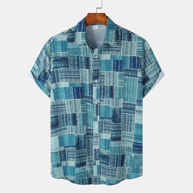 EGNMCR Men Casual Buttons Color Block Print With Pocket Turndown Short Sleeve Shirt Blouse