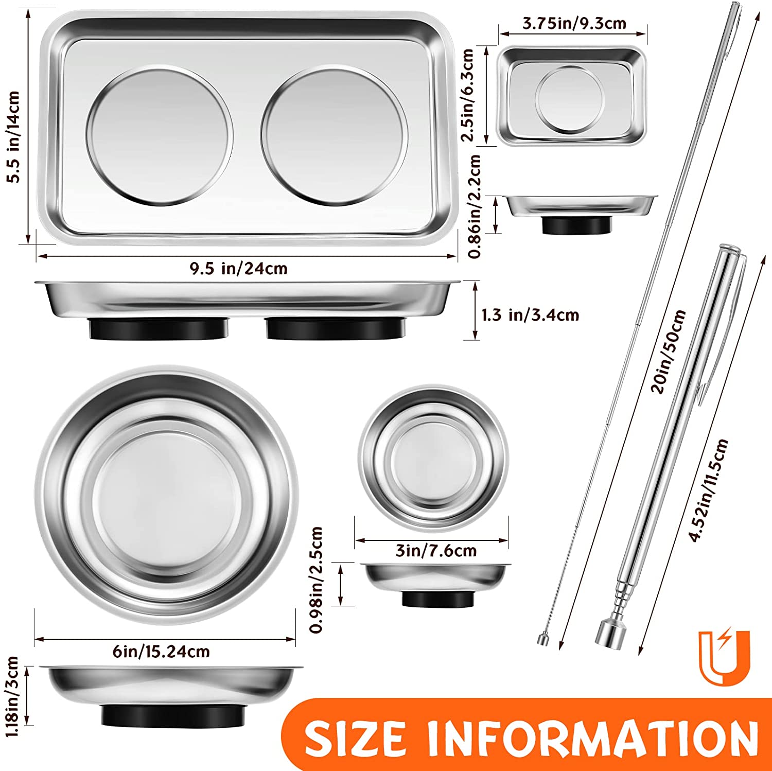 Magnetic Tray Parts Bowl Stainless Steel Pin Screw Bolt Holder Pickup Tool Mechanic Garage Organizer 5 Pieces