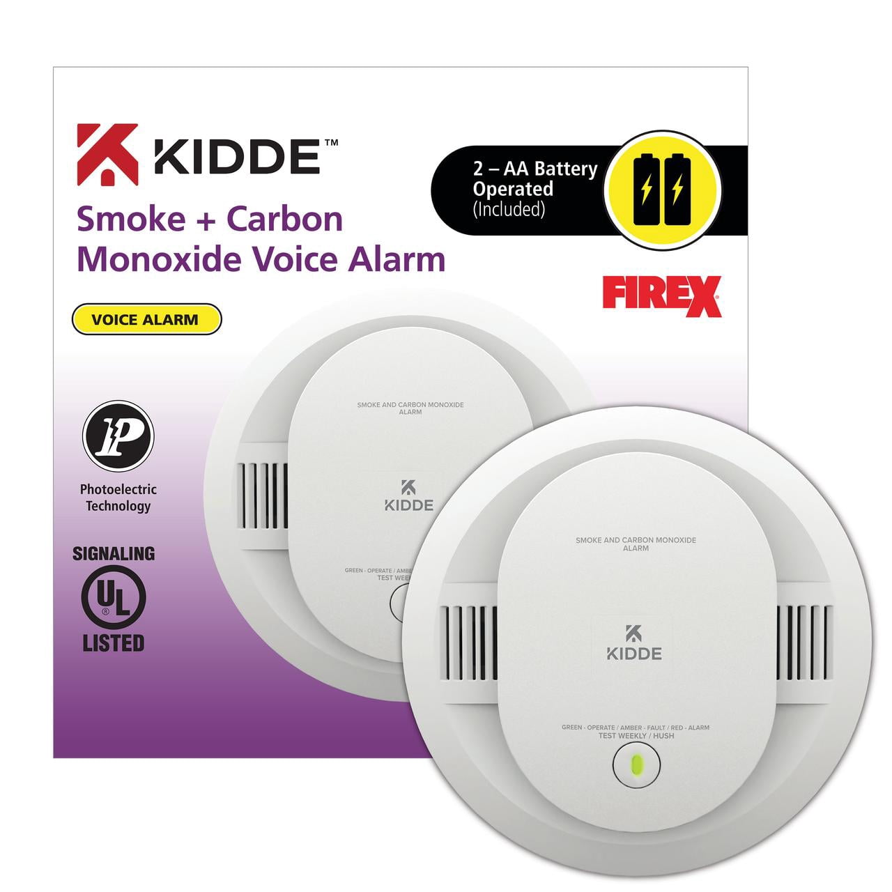 (2 pack) Kidde Battery Operated Smoke & Carbon Monoxide Detector with LED Lights & Voice Alerts