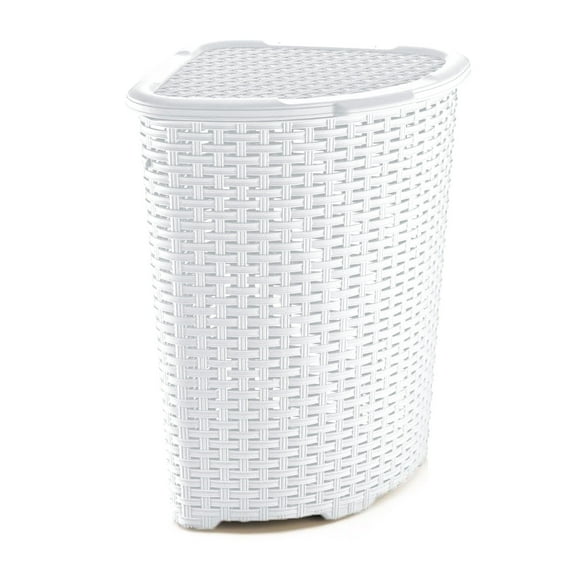 Superio 50L Wicker Plastic Corner Laundry Hamper with Lid - White Smoke