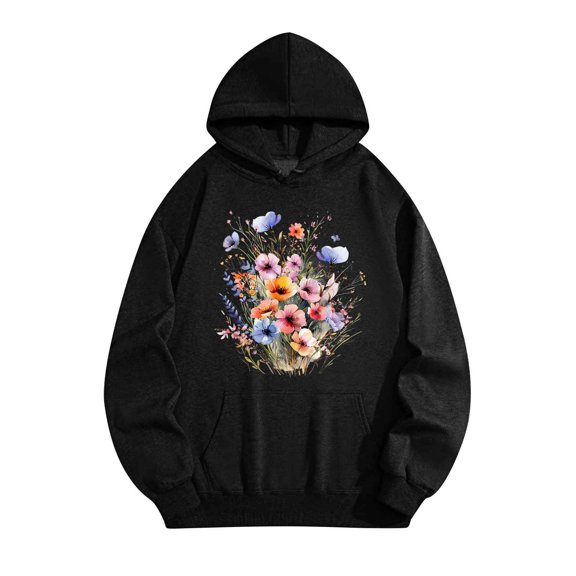 BCSIOAOI Womens Tops,Cotton Drawstring Fleece Lined Floral Pullover Hoodie with Pocket Black L