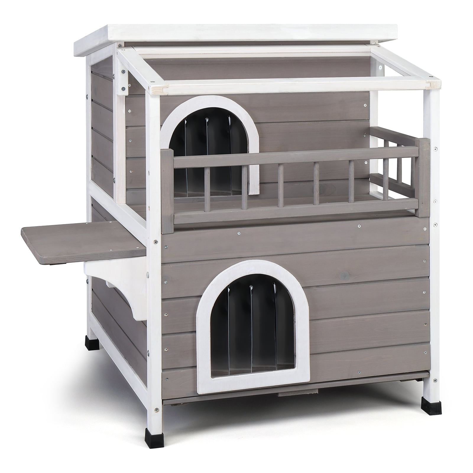 Zephypaws 2-Story Cat Shelter House with Transparent Canopy & Large Balcony, Indoor Outdoor, Grey & White