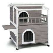 Ktaxon Outdoor Cat House Wooden, 2-Story Outside Cat Shelter Condo Enclosure with Escape Door, Weatherproof Openable Roof, Gray