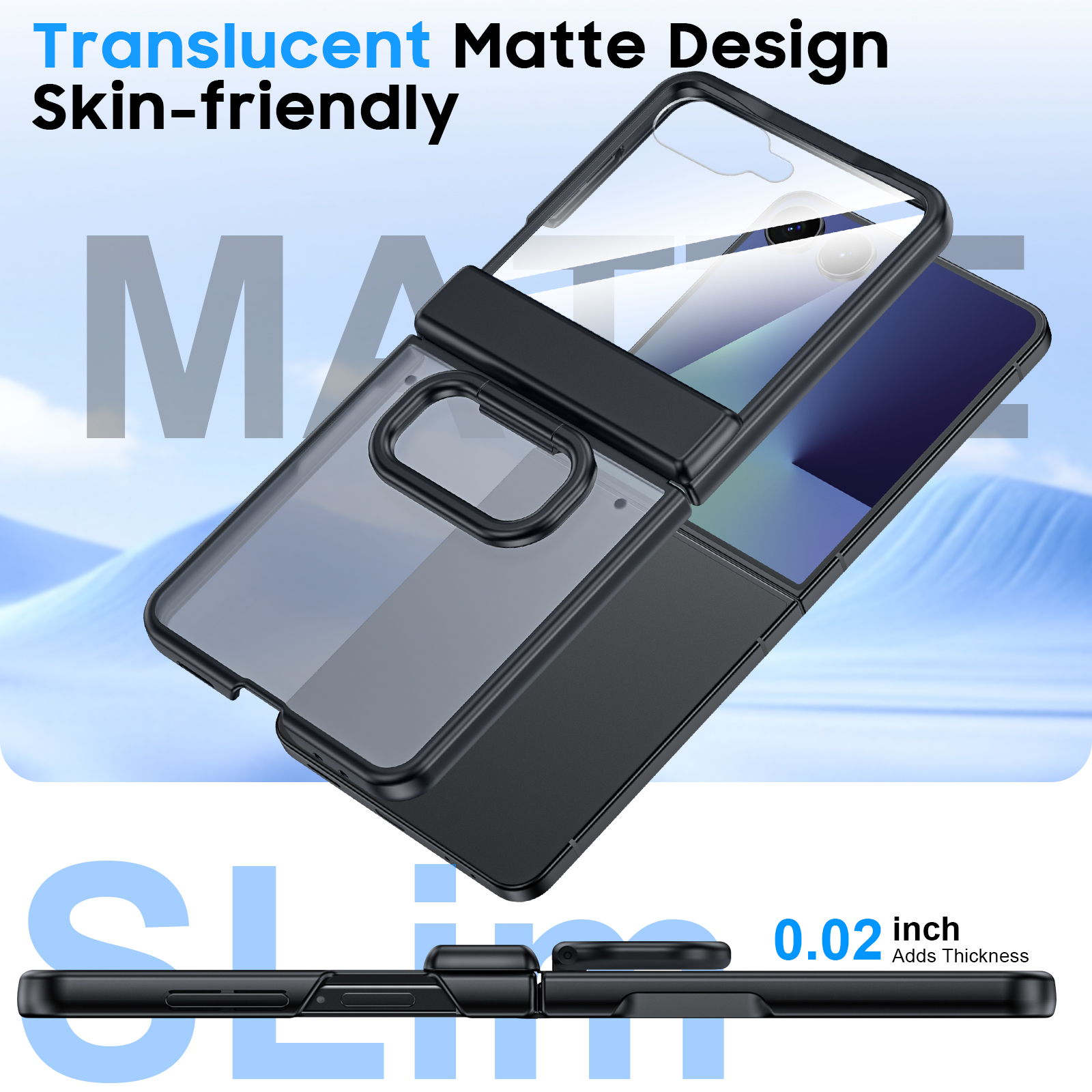 Vizvera for Samsung Galaxy Z Flip 7 Case with Ring Holder & Screen Protector & Hinge Protection,Wireless Charging,Skin Feel Matte PC,Shockproof Phone Case-Black