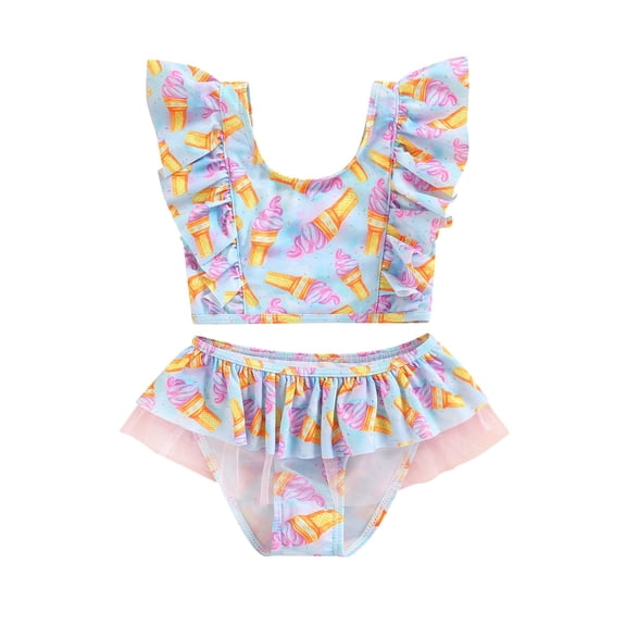 stylesilove Toddler Kid Girls Ice Cream Printed Ruffle 2pcs Bikini Set Flutter Tankini Swimsuit Bathing Suit Beach Swimwear (2-3 Years, Blue)