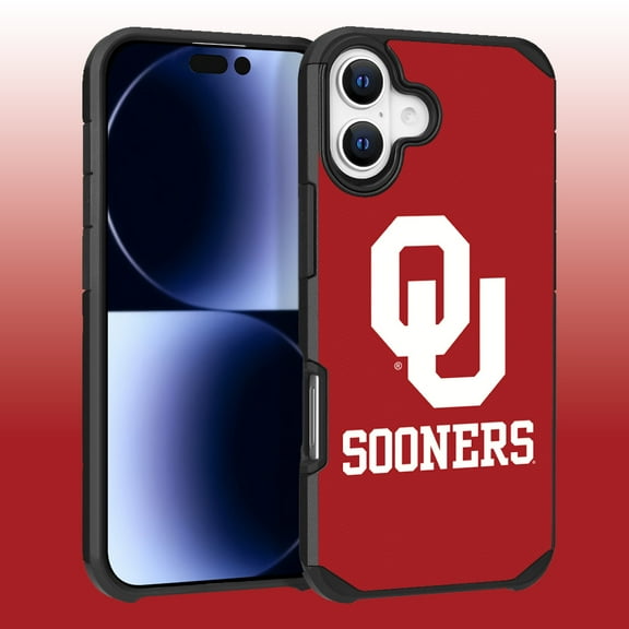 Apple iPhone 16 (6.1) - Licensed NCAA University of Oklahoma Sooners Logo on Red Textured Dual Layer Case