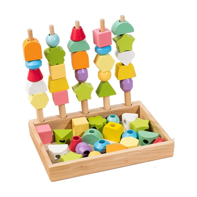 Wooden Shape Sorting Stacking Toy With 5 Pillars 30+ Colorful Geometric Blocks And Lacing String For Toddlers Ages 18 Months And Up