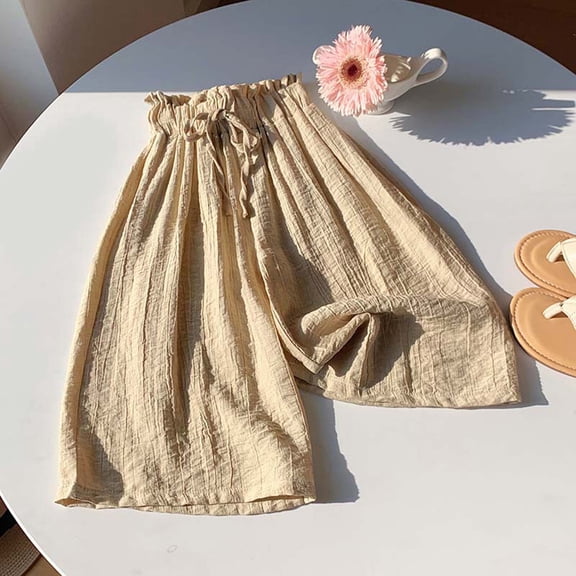 PiGOGI Girls Summer Wide Leg Pants, Elastic Waist Loose Casual Trousers for Toddlers, Lightweight Breathable Pull-On Pants Khaki 10-11Years
