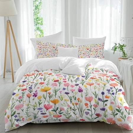 Watercolor Floral Comforter Set California King Size Leaves and Wildflowers Abstract Botanical Soft Bedding Set for Man Woman 4 Pieces Duvet Cover Set with Fitted Sheet 2 Pillowcases