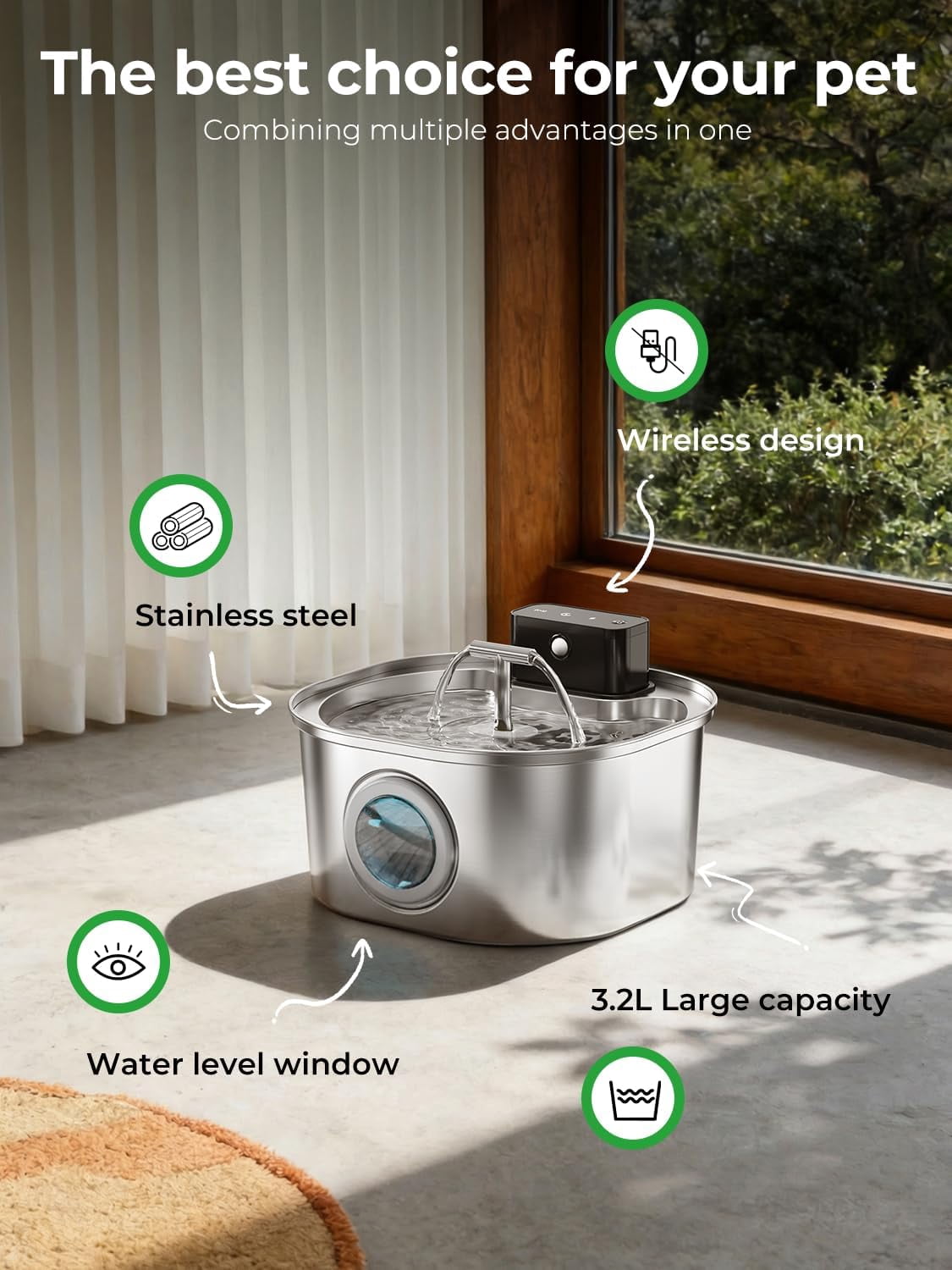 Stainless Steel Wireless Cat Water Fountain: 3.2L/108oz 3-Modes Pet Drinking Fountain Indoor Cordless Motion Sensor with Pet Water Dispenser Bowl with Water Level Window, BPA-Free, 4Filter