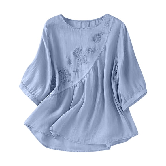 Easter Shirts Spring Tops for Women Trendy Work Women's Embroidered Round Neck Short Sleeve T Shirt Bohemian Loose fit Floral Applique Top Graphic Tees