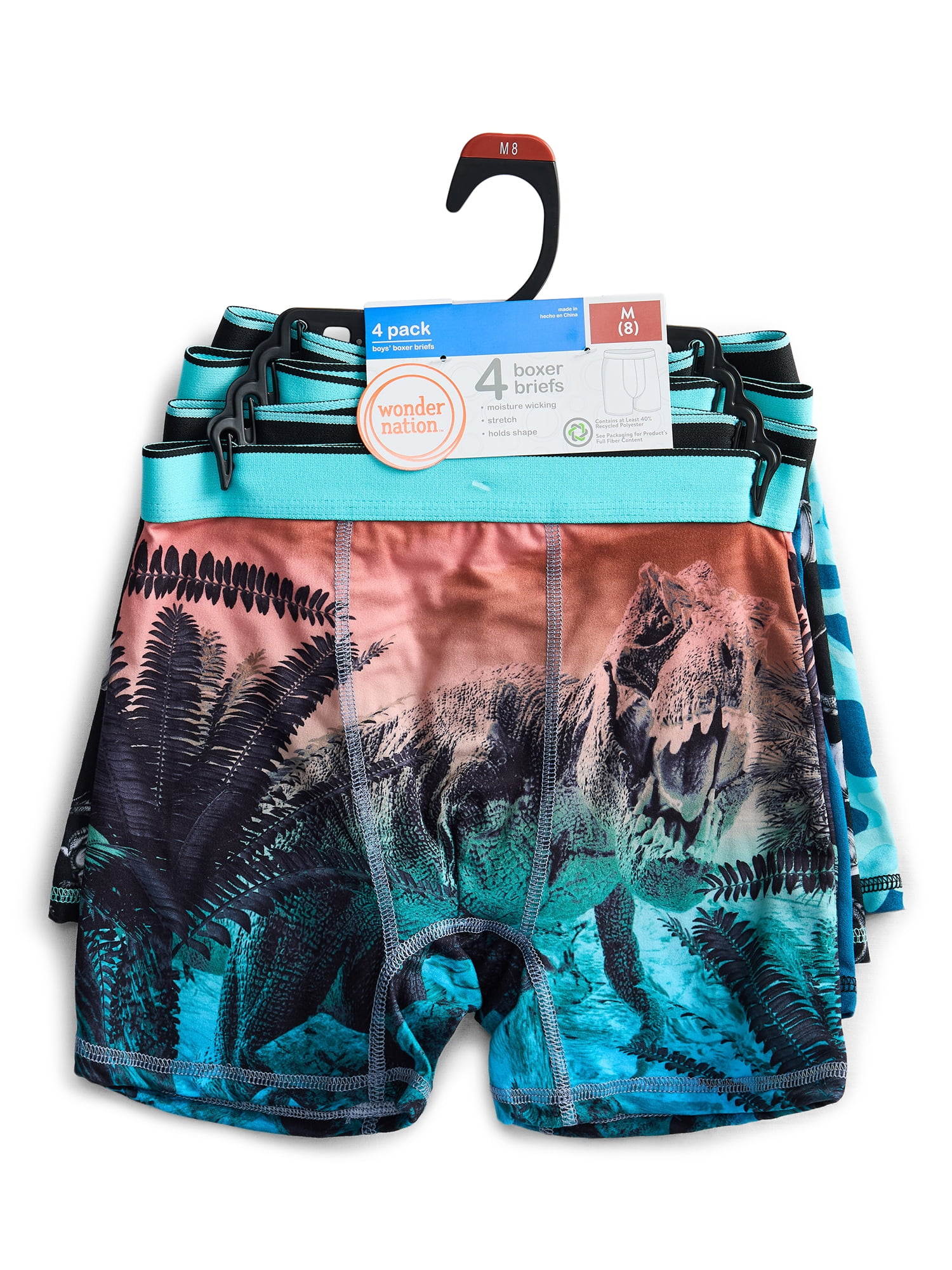 Wonder Nation Boys Underwear Dinosaur Print Boxer Briefs, 4-Pack, Sizes S-XL