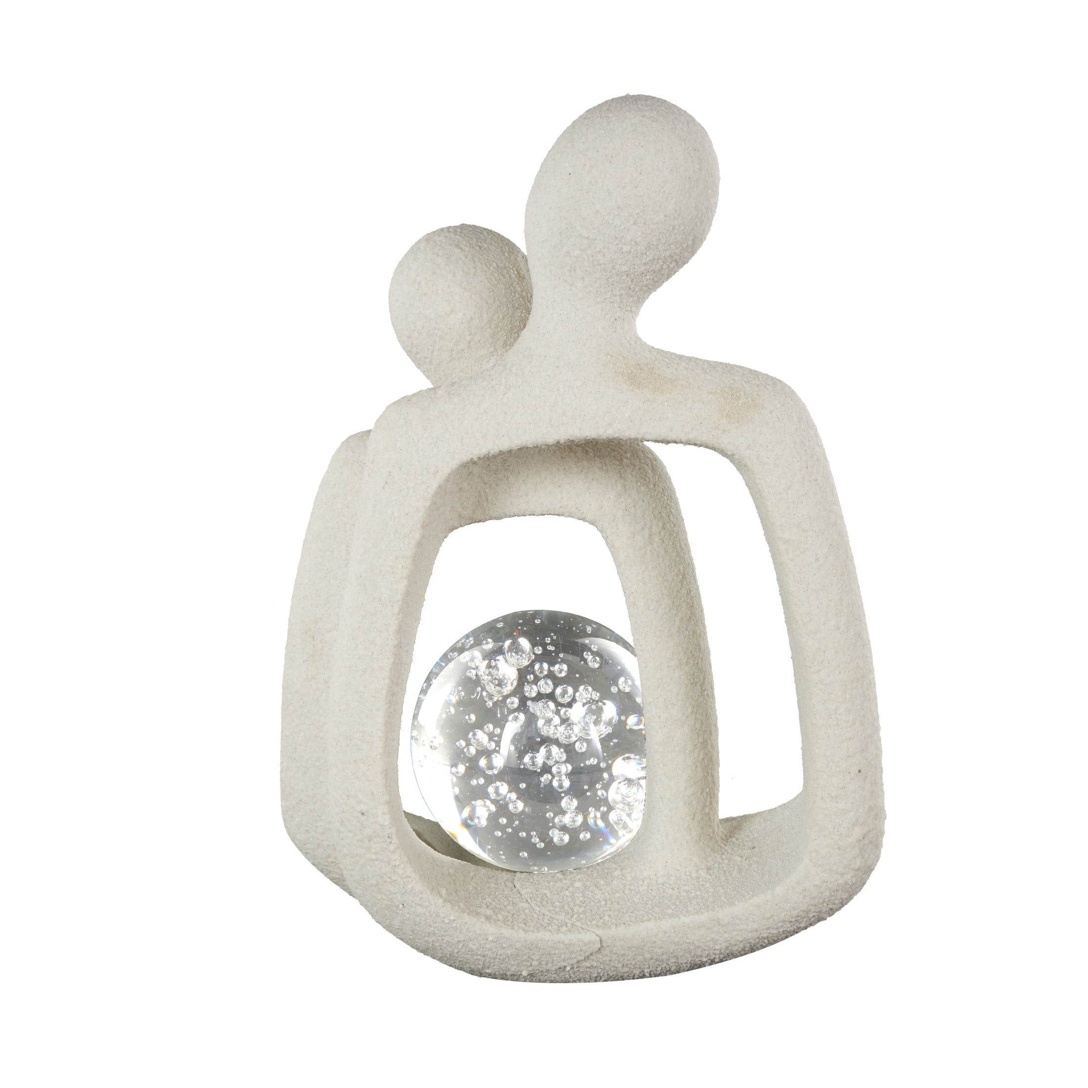 10" x 15" White Polystone Abstract Textured People Sculpture with Clear Glass Orb and Black Speckles, by DecMode