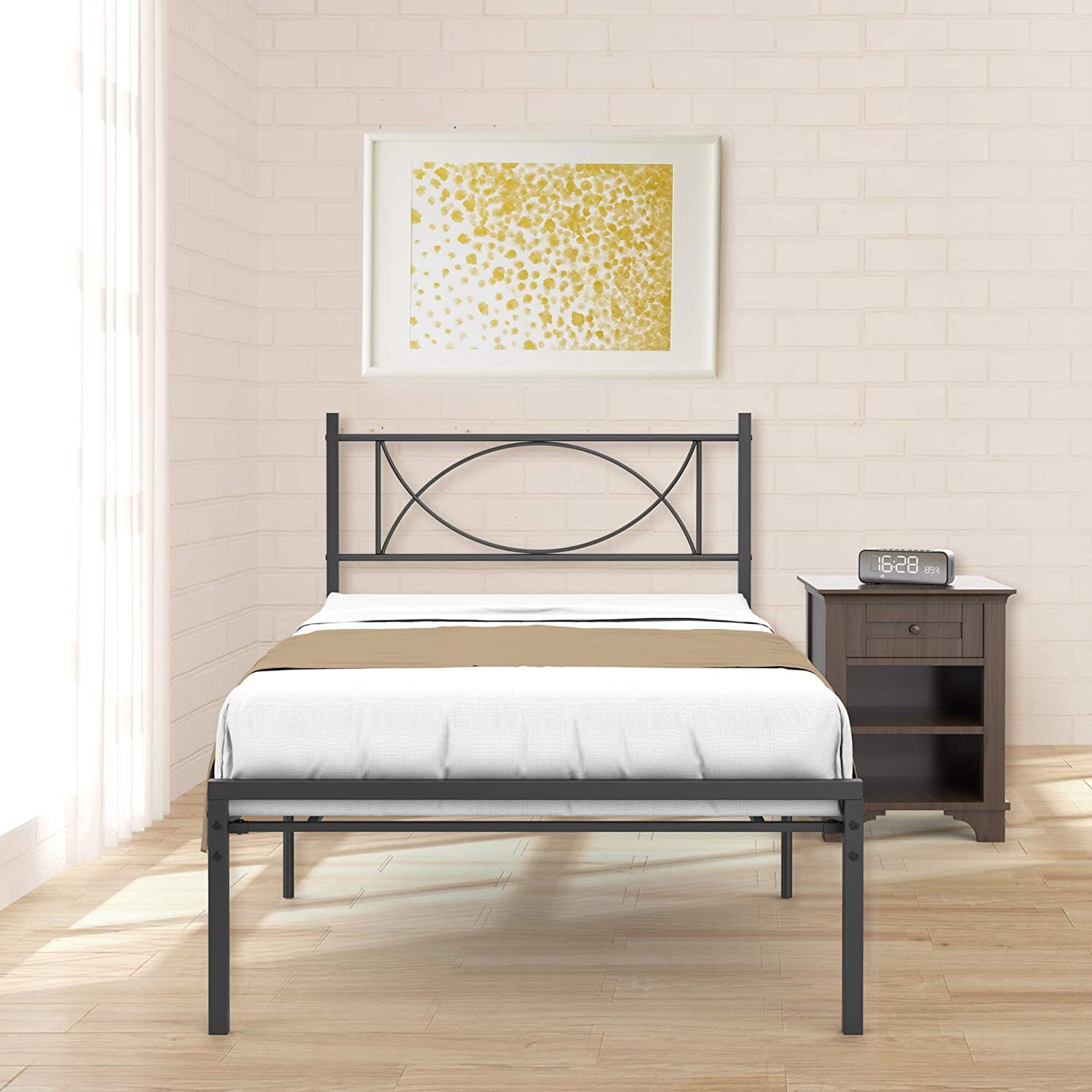 HOSSLLY Twin Size High Metal Platform Bed Frame with Headboards, Easy