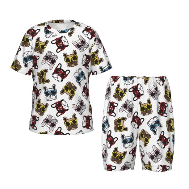 Balery Bulldog Sunglasses Face Conjunto de Pijama Infantil de Manga Corta con Estampado – Ropa de Dormir de Algodón Suave-Medium