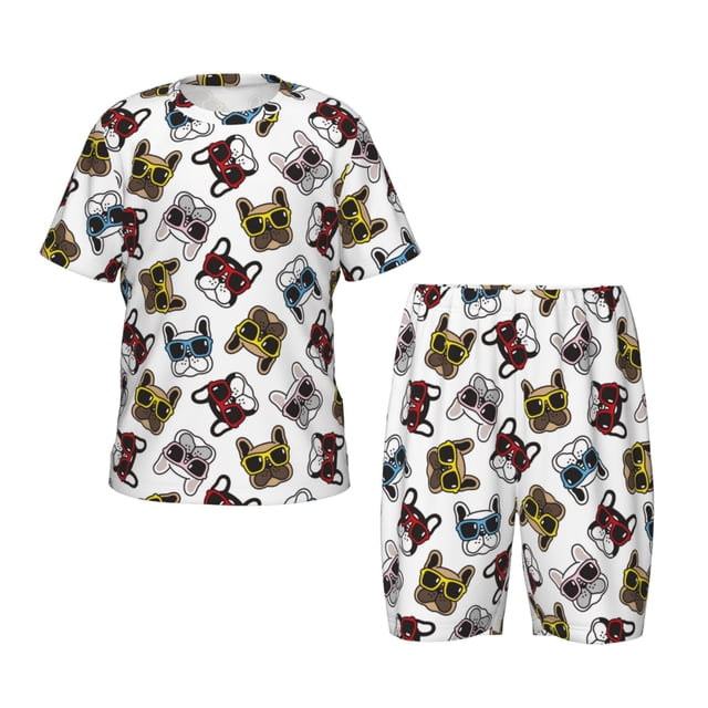 Fotbe Bulldog Sunglasses Face Pijama Estampada de 2 Piezas para Niños – Ropa de Dormir de Manga Corta Cómoda para Niños y Niñas, Camiseta y Shorts de Algodón-Large