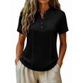 thumbnail image 2 of Henley Shirts for Women Contrast Stitching Short Sleeve Blouse Button Down Stand Collar Tunic Tops Black S, 2 of 6