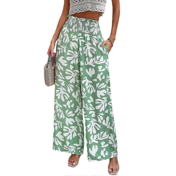 Women Floral Print Palazzo Pants Summer Bohemian Wide Leg Pants High Waist Casual Lounge Pant Trousers with Pockets Yellow XL