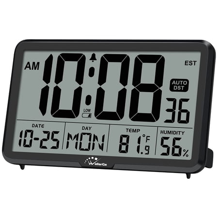 Digital Wall Clock Battery Operated Auto Set, Large Display with Temperature Humidity Date, Desk Calendar Alarm Clock for Home Office Bedroom, 8 Time Zones