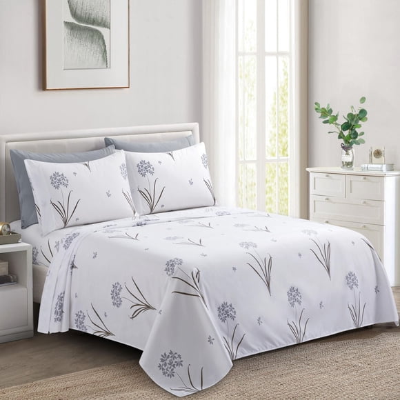 Literie Marina Décoration ultra douce et soyeuse, imprimée, en rayonne de bambou, toutes saisons, avec taies d'oreiller, motif floral d'hortensia gris