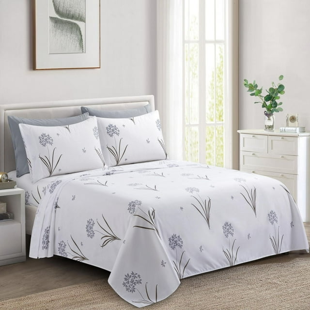 ultra soft silky deep pocket sheet set with grey hydrangea floral pattern on bed in modern bedroom