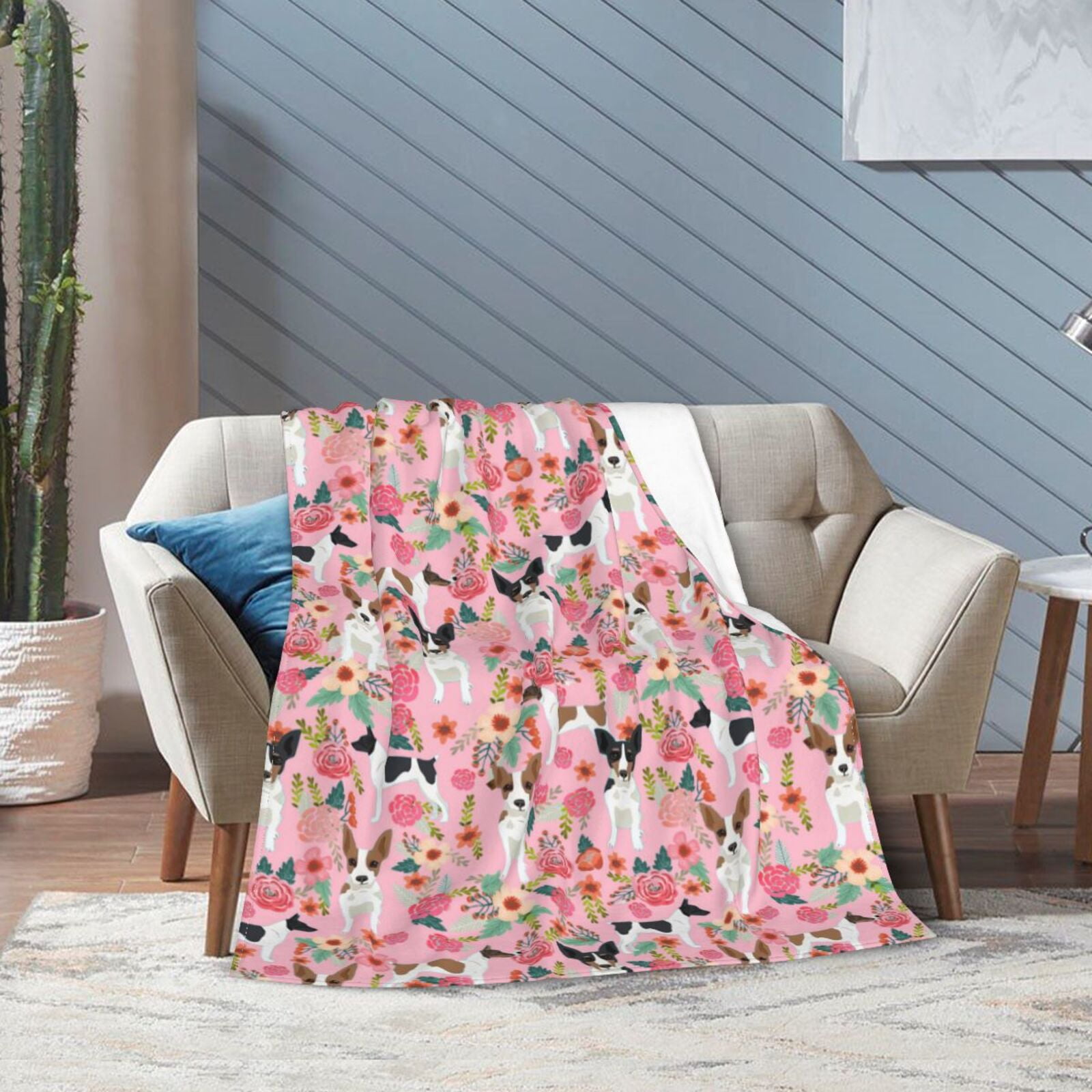 Rat Terrier Dog Floral Flower Blanket Gifts For Kids Adults - Lightweight Throw Blanket For Bedroom Living Room Decor Soft Fuzzy Fleece Cozy Plush Bed Couch 50"X40"