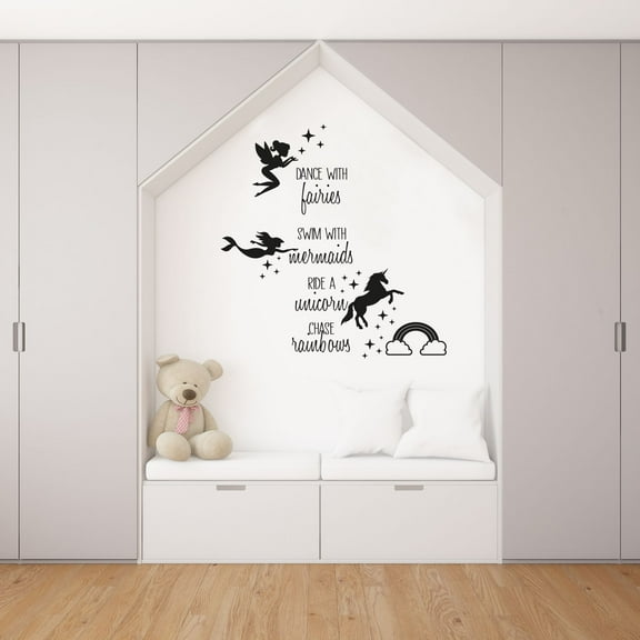 Dance With Fairies Swim With Fairies Ride A Unicorn Chase Rainbows Cute Silhouette Vinyl Wall Art Sticker Decal Home Wall Decoration Design Kids Room Nursery Kinder Girls Boys Room Size (30x27 inch)