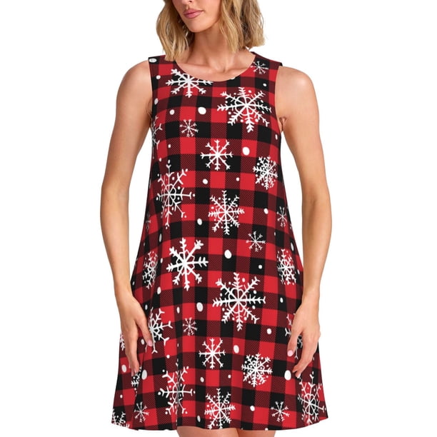 Easygdp Buffalo Plaid Snowflakes para Vestido Transpirable de Mujer, Vestido Suelto de Manga Corta con Pliegues y Bolsillos para el Verano