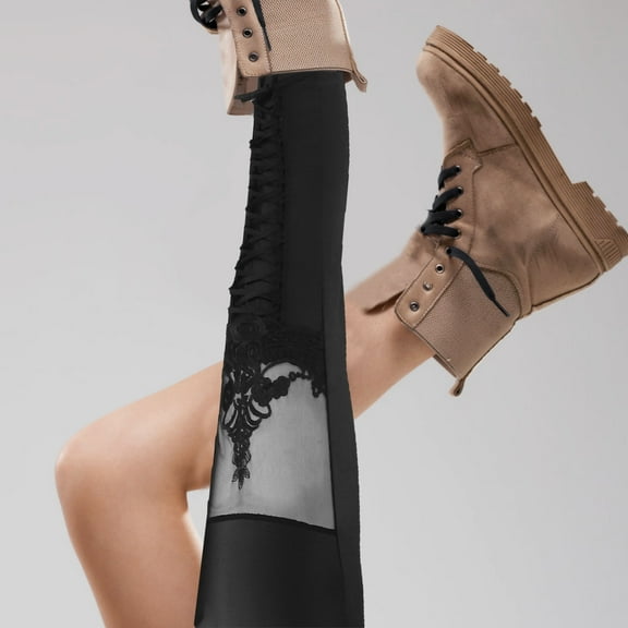 FRCOLOR Lacey Trousers Stretchy Skinny Design Leggings for Women Black 1Pcs