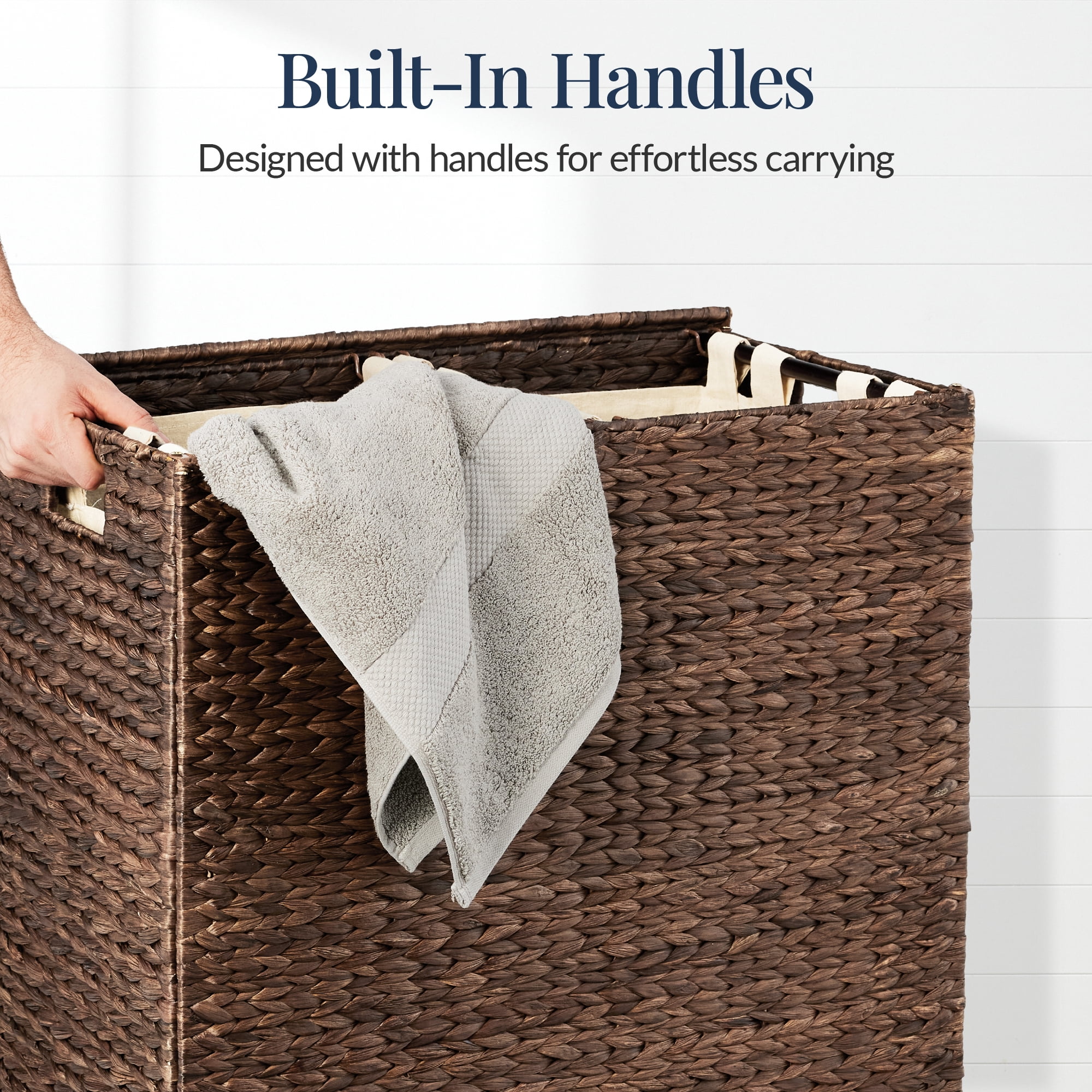 Best Choice Products Large Natural Water Hyacinth Double Laundry Hamper Basket w/ 2 Liner Bags, Handles - Espresso