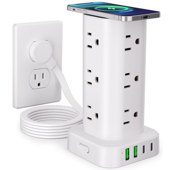 Power Strip Tower UWIWUTEI 17 en 1 con cargador inalámbrico blanco