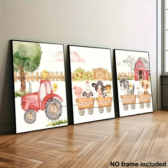 3pcs, Canvas Paintings without Frame, 3pcs Decorative Art Set with Various Sizes, Farm Nursery Animals Barnyard Tractor Print on Canvas for Girls' Room Wall Art Home Decoration Mother's Day Gift