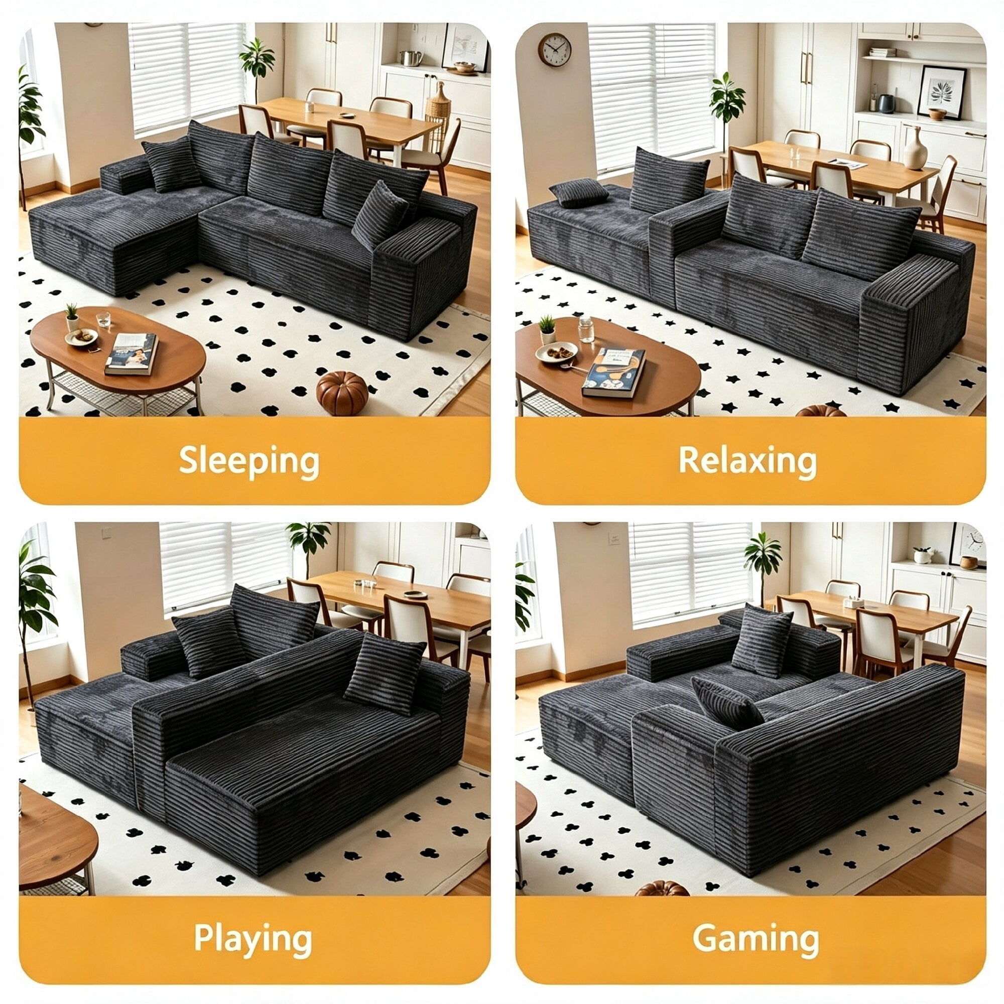 Howcool 96" L‑Shaped Modular Sectional Sofa with Deep Seat Chaise,Corduroy 3‑Seat Boneless Cloud Couch,Compressed Sofa for Living Room,No Assembly Required,Left Facing,Gray