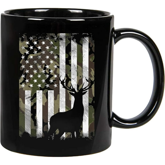 Camo American Flag Deer Elk Buck Hunting USA Hunter Ceramic Coffee Mug, Cup (Black 11oz)