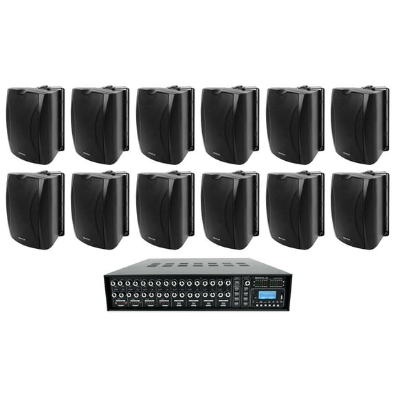 12) 6.5" Black Wall Speakers Multi Room Amplifier For Restaurant/Office/Cafe/Bar