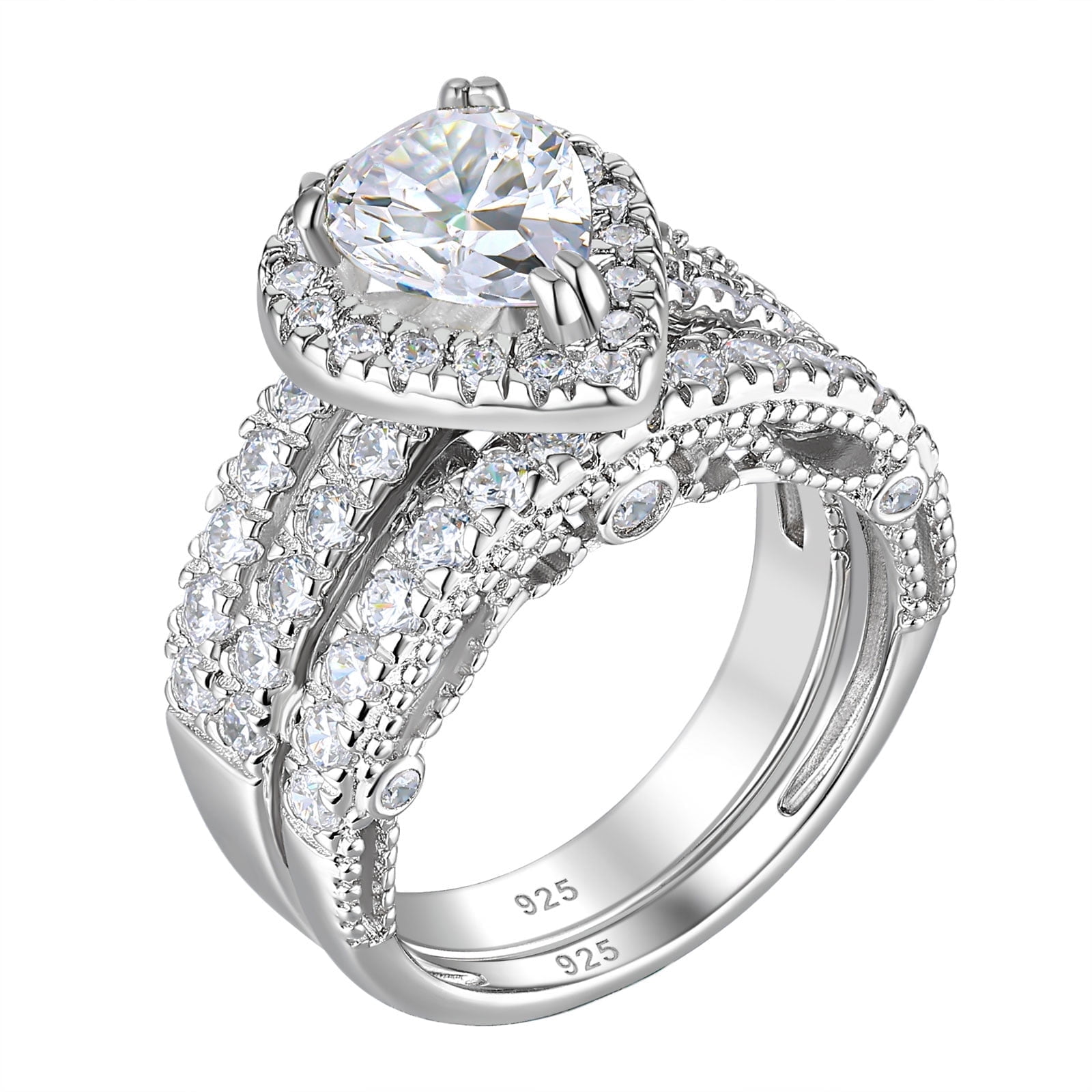 Wuziwen 4 Ct Wedding Engagement Ring Set for Women Pear Sterling Silver Ring Cubic Zirconia Size 9