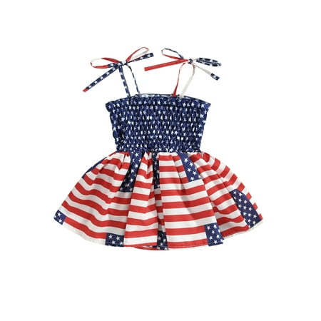 

Infant Baby Girl 4th of July Romper Dress Sleeveless American Flag Star Striped Skirted Bodysuit Summer Dress with Headband