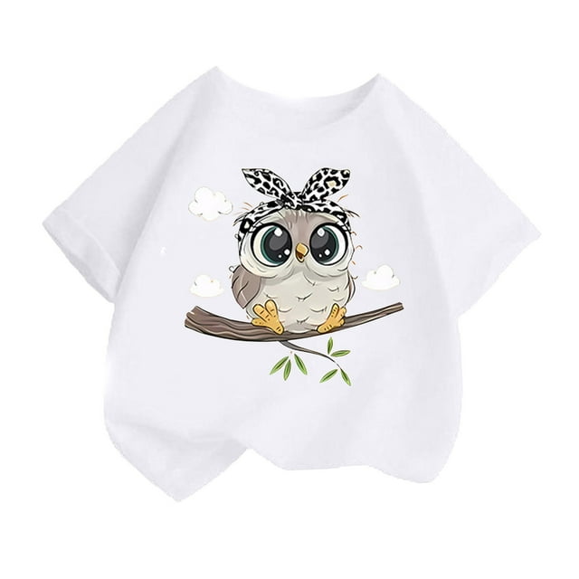 T-Shirts Filles Mignons Imprimés Col Rond Manches Courtes Tee Été Mode Ample Vêtements Bébé Filles Blanc 6-8 Ans